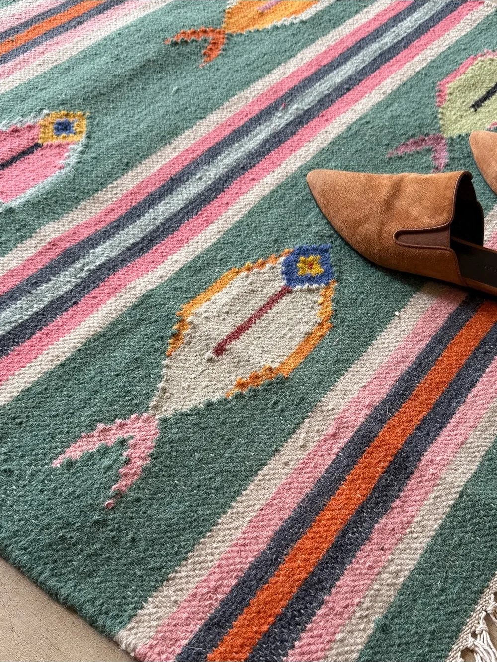 Handwoven Fish Motif Rug - Green with Multicolor Accents